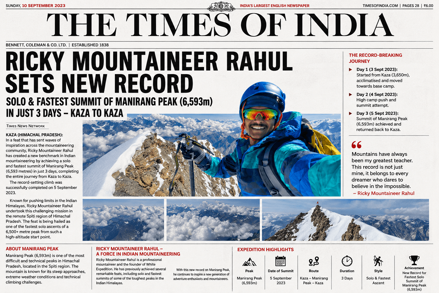 Times of India clipping about Ricky Mountaineer Rahul setting a new solo and fastest summit record on Manirang Peak
