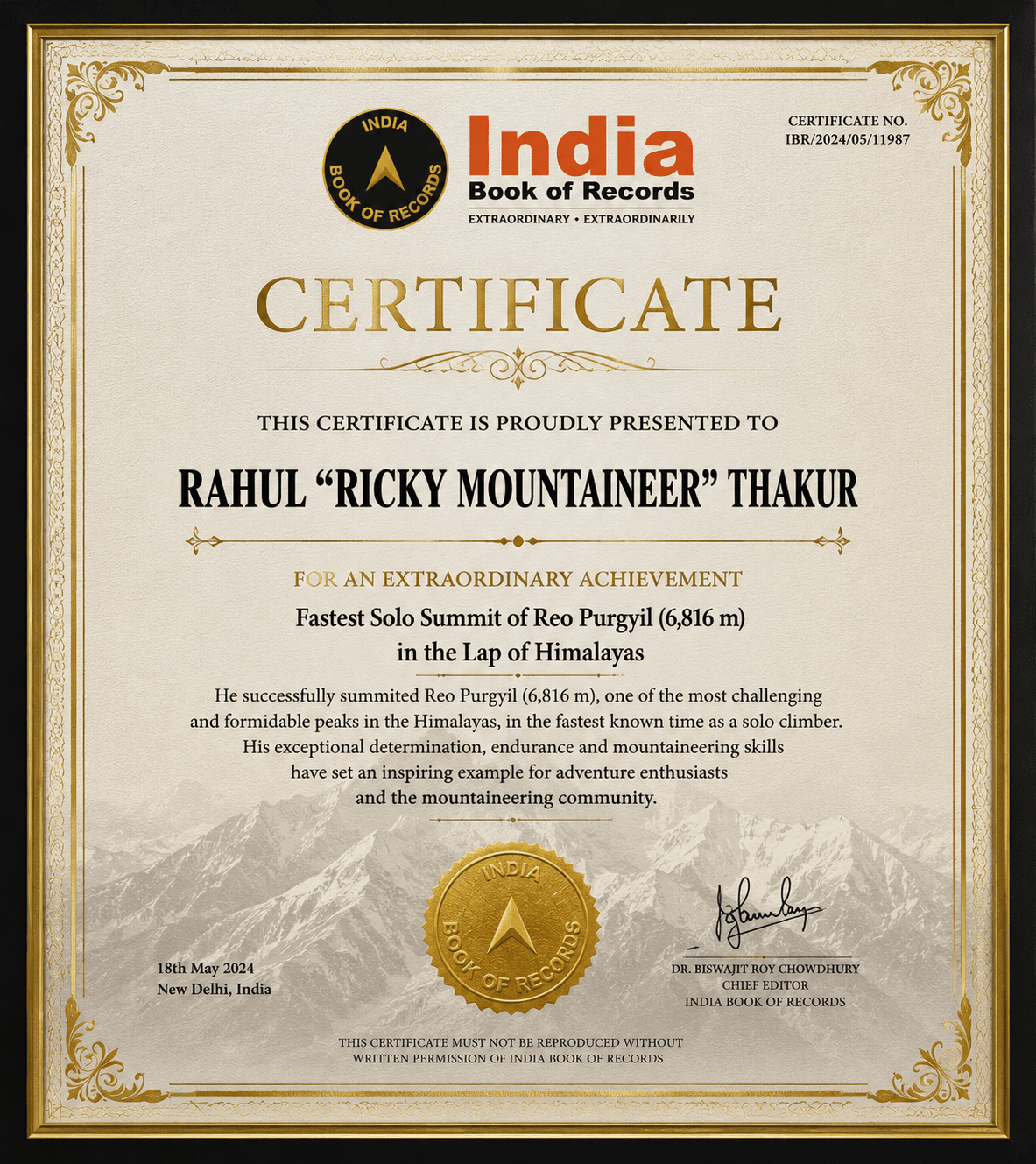 India Book of Records certificate for Rahul Ricky Mountaineer Thakur's fastest solo summit of Reo Purgyil