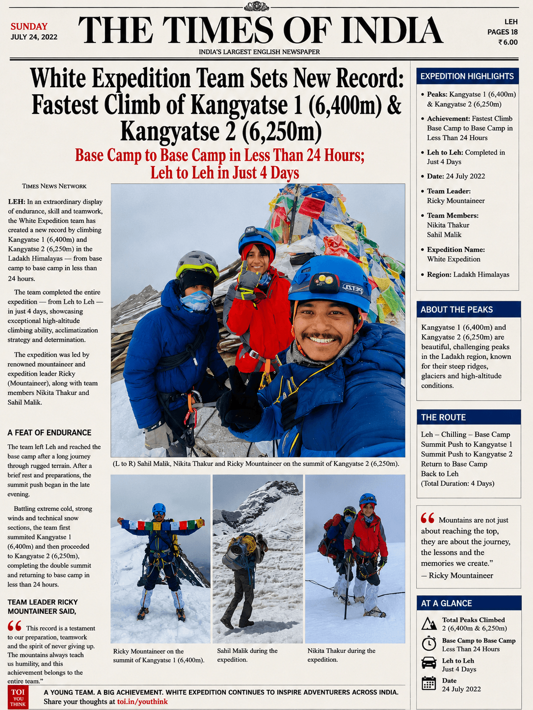 Times of India clipping about White Expedition's fastest climb of Kang Yatse I and Kang Yatse II