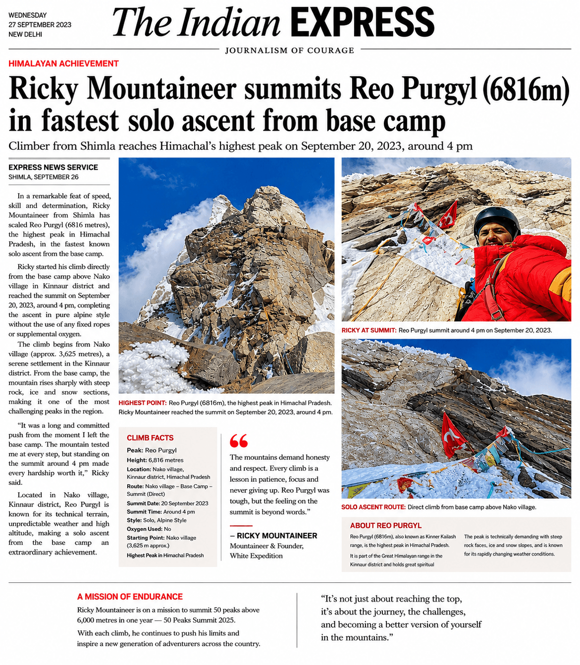 Indian Express clipping about Ricky Mountaineer summiting Reo Purgyil in the fastest solo ascent from base camp