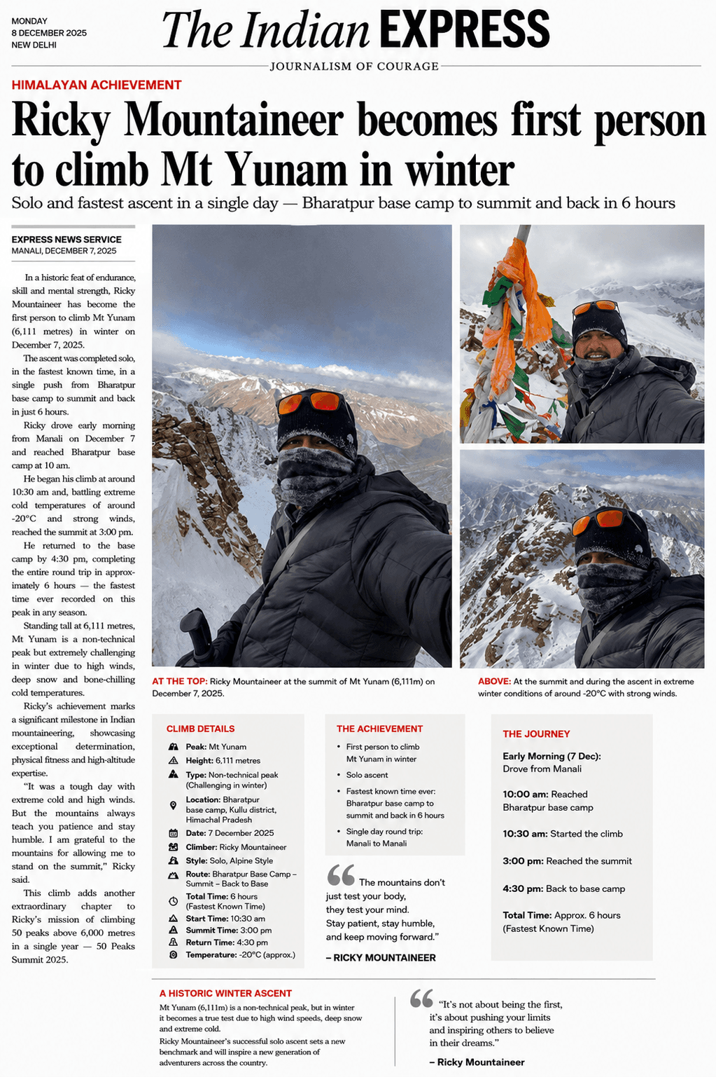 Indian Express clipping about Ricky Mountaineer becoming the first person to climb Mt Yunam in winter