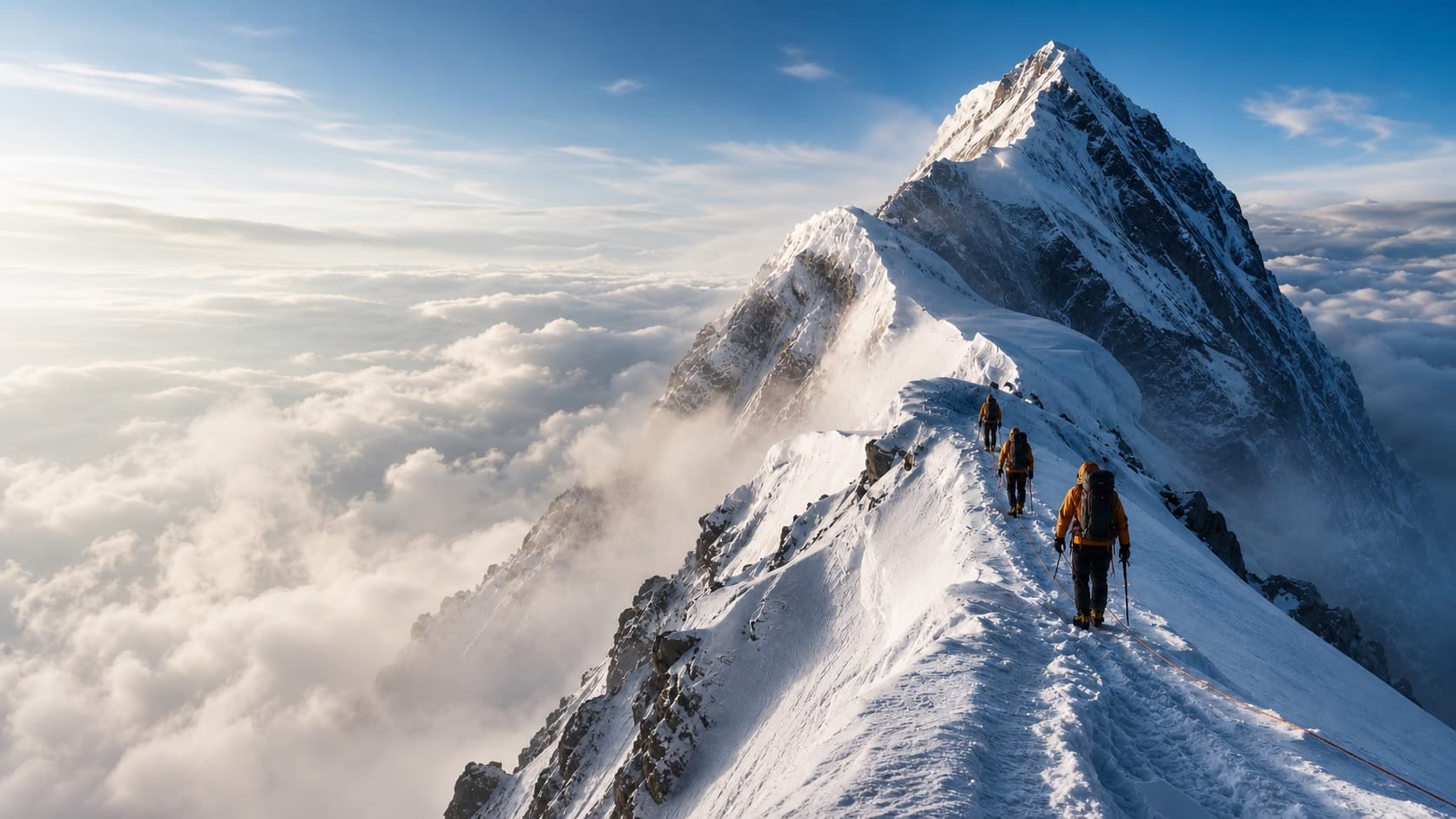 Climbers on a snowy Himalayan ridge