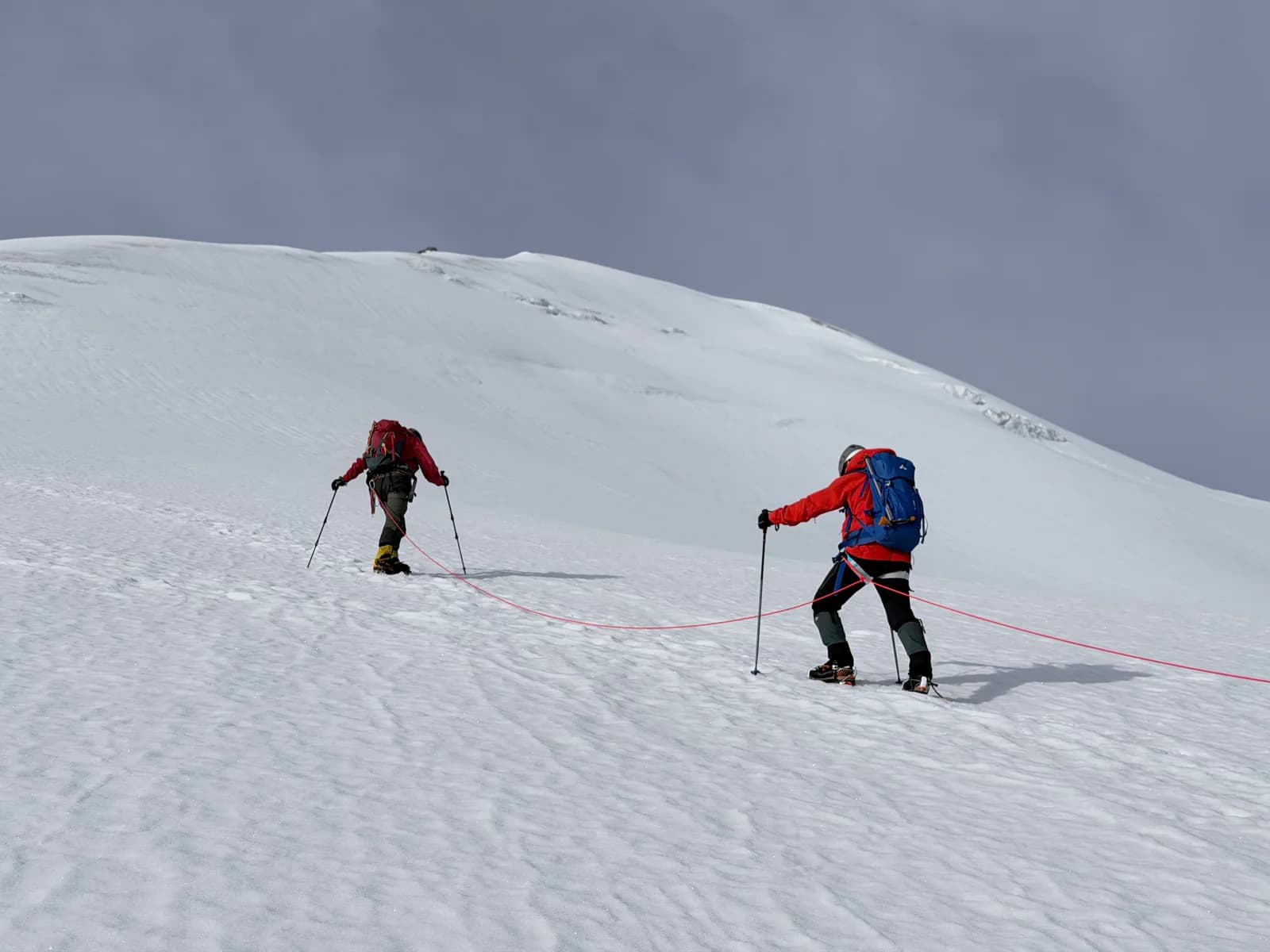 Two roped climbers moving uphill on snow with trekking poles