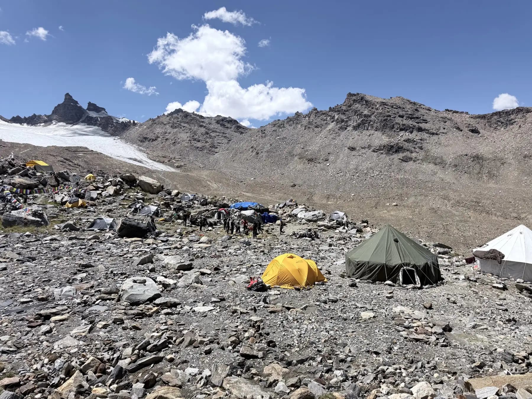 Mount Nun expedition base camp below a glacier in Ladakh